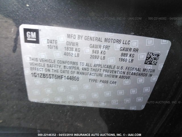 1G1ZB5ST6HF144868 - 2017 CHEVROLET MALIBU LS ნაცრისფერი ფოტო 9