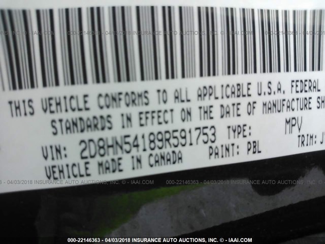 2D8HN54189R591753 - 2009 DODGE GRAND CARAVAN SXT Dark Blue photo 9