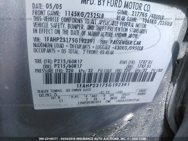 1FAHP23175G192391 - 2005 FORD FIVE HUNDRED SE SILVER photo 9