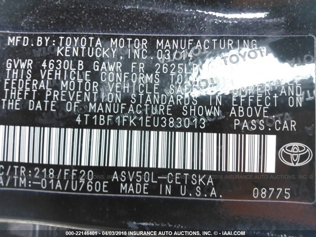 4T1BF1FK1EU383013 - 2014 TOYOTA CAMRY L/SE/LE/XLE 黑色 照片 9