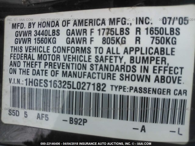 1HGES16325L027182 - 2005 HONDA CIVIC DX VP 黑色 照片 9