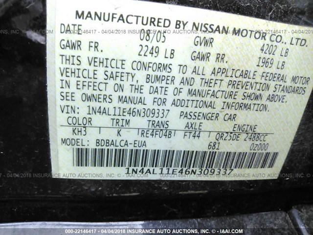 1N4AL11E46N309337 - 2006 NISSAN ALTIMA S/SL BLACK photo 9