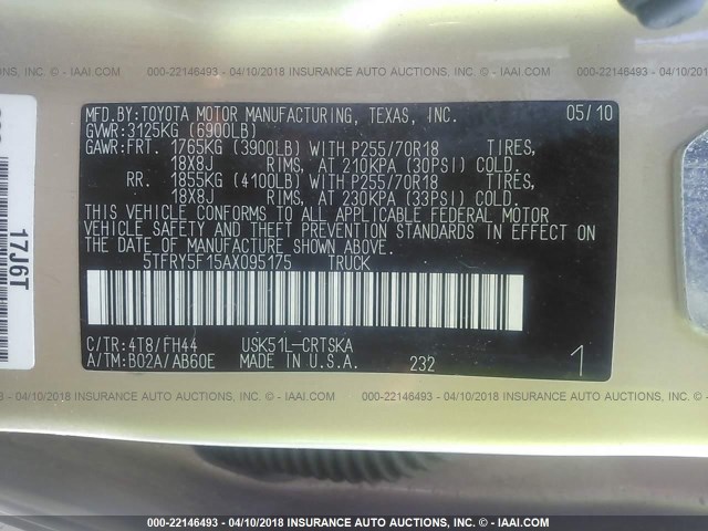 5TFRY5F15AX095175 - 2010 TOYOTA TUNDRA DOUBLE CAB SR5 GOLD photo 9