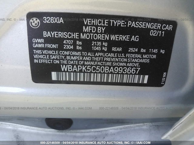 WBAPK5C50BA993667 - 2011 BMW 328 XI SULEV SILVER photo 9