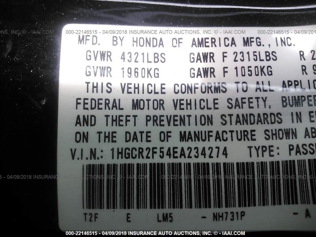 1HGCR2F54EA234274 - 2014 HONDA ACCORD SPORT Қара фото 9
