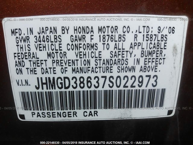 JHMGD38637S022973 - 2007 HONDA FIT S ORANGE photo 9