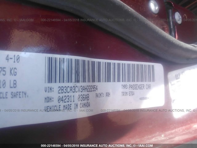 2B3CA3CV3AH222954 - 2010 DODGE CHARGER SXT MAROON photo 9