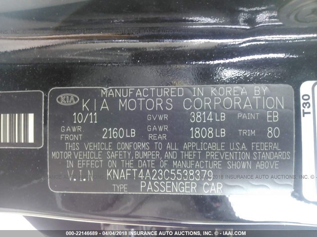 KNAFT4A23C5538379 - 2012 KIA FORTE LX BLACK photo 9