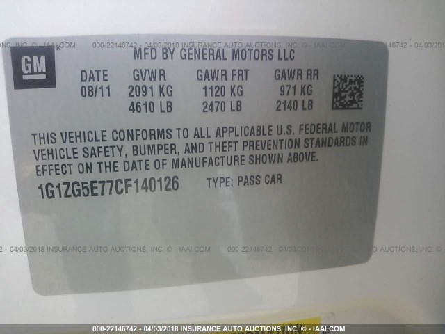 1G1ZG5E77CF140126 - 2012 CHEVROLET MALIBU LTZ 白色 照片 9