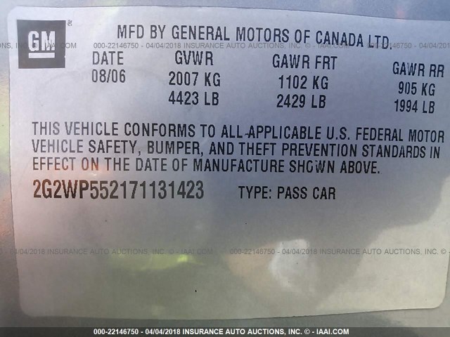 2G2WP552171131423 - 2007 PONTIAC GRAND PRIX GRAY photo 9