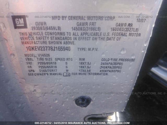 1GKEV23778J165940 - 2008 GMC ACADIA SLT-1 Silber Foto 9