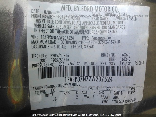 1FAFP37N77W207524 - 2007 FORD FOCUS ZX5/S/SE/SES GRAY photo 9