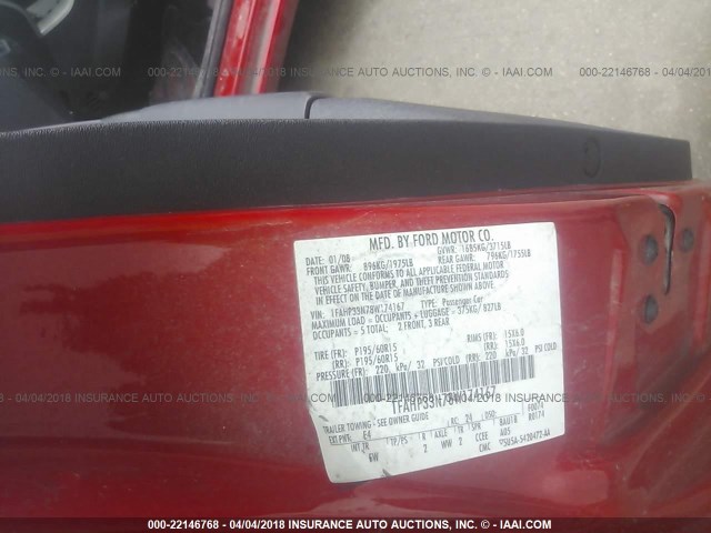 1FAHP33N78W174167 - 2008 FORD FOCUS SE/SEL/SES RED photo 9