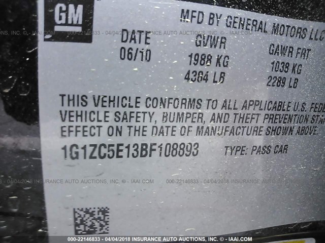 1G1ZC5E13BF108893 - 2011 CHEVROLET MALIBU 1LT 黑色 照片 9