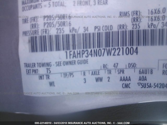 1FAHP34N07W221004 - 2007 FORD FOCUS ZX4/S/SE/SES 银色 照片 9