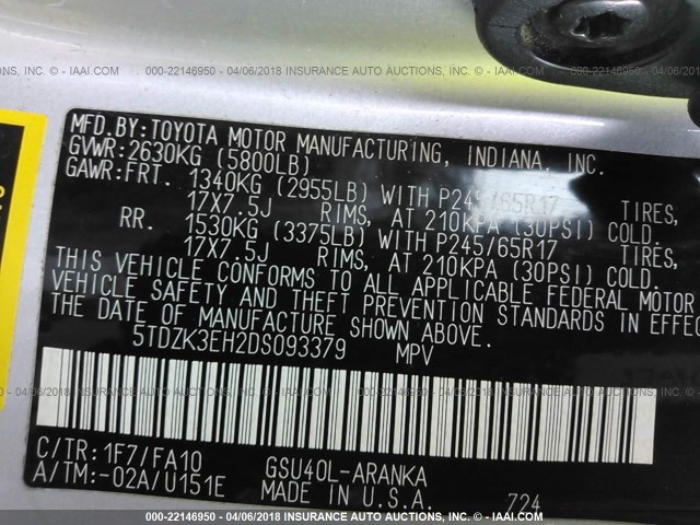 5TDZK3EH2DS093379 - 2013 TOYOTA HIGHLANDER PLUS/SE SILVER photo 9