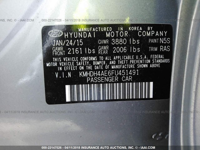 KMHDH4AE6FU451491 - 2015 HYUNDAI ELANTRA SE/SPORT/LIMITED SILVER photo 9