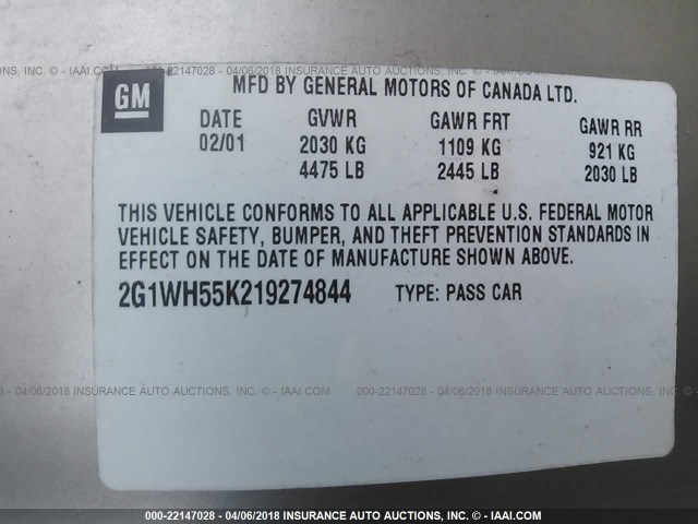 2G1WH55K219274844 - 2001 CHEVROLET IMPALA LS TAN photo 9