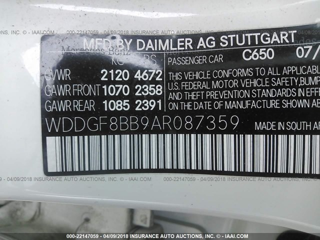 WDDGF8BB9AR087359 - 2010 MERCEDES-BENZ C 300 4MATIC WHITE photo 9