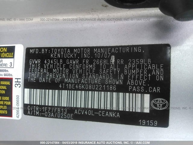 4T1BE46K08U221186 - 2008 TOYOTA CAMRY CE/LE/XLE/SE SILVER photo 9