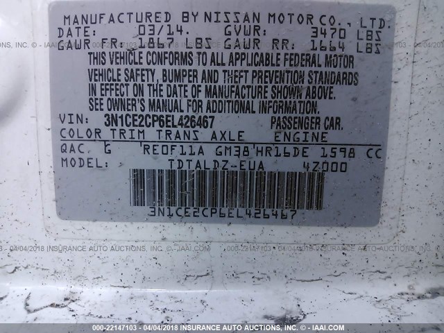 3N1CE2CP6EL426467 - 2014 NISSAN VERSA NOTE S/S PLUS/SV/SL WHITE photo 9