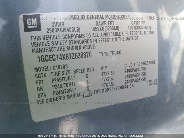 1GCEC14X87Z638870 - 2007 CHEVROLET SILVERADO C1500 CLASSIC BLUE photo 9