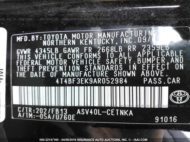 4T4BF3EK9AR052984 - 2010 TOYOTA CAMRY SE/LE/XLE BLACK photo 9