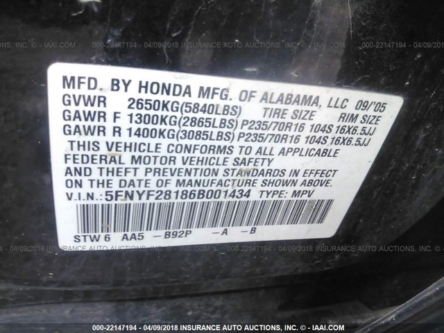 5FNYF28186B001434 - 2006 HONDA PILOT LX BLACK photo 9