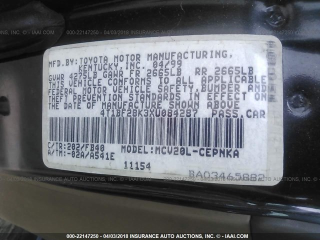 4T1BF28K3XU084287 - 1999 TOYOTA CAMRY LE/XLE BLACK photo 9