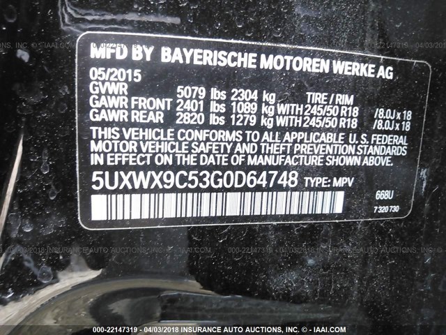 5UXWX9C53G0D64748 - 2016 BMW X3 XDRIVE28I BLACK photo 9