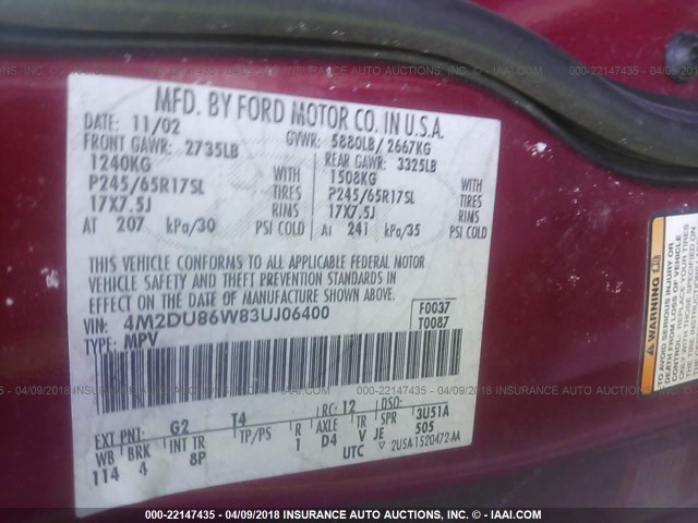 4M2DU86W83UJ06400 - 2003 MERCURY MOUNTAINEER  RED photo 9