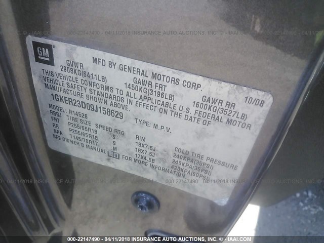 1GKER23D09J158629 - 2009 GMC ACADIA SLT-1 Marron photo 9