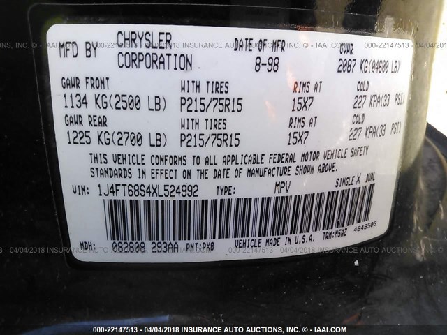 1J4FT68S4XL524992 - 1999 JEEP CHEROKEE SPORT/CLASSIC BLACK photo 9