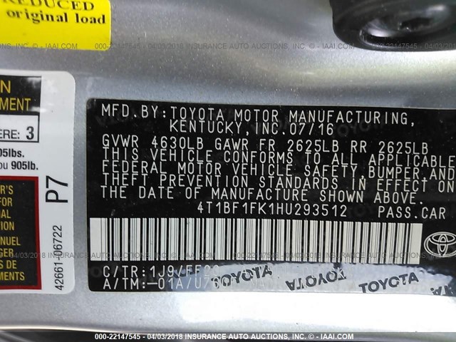 4T1BF1FK1HU293512 - 2017 TOYOTA CAMRY LE/XLE/SE/XSE SILVER photo 9