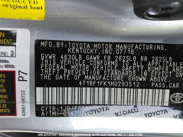 4T1BF1FK1HU293512 - 2017 TOYOTA CAMRY LE/XLE/SE/XSE SILVER photo 9