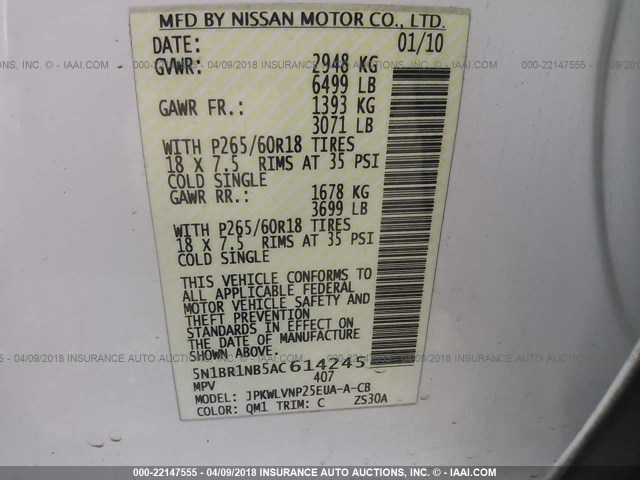 5N1BR1NB5AC614245 - 2010 NISSAN PATHFINDER LE WHITE photo 9