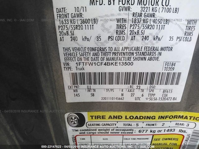 1FTFW1CF4BKE13500 - 2011 FORD F150 SUPERCREW GRAY photo 9