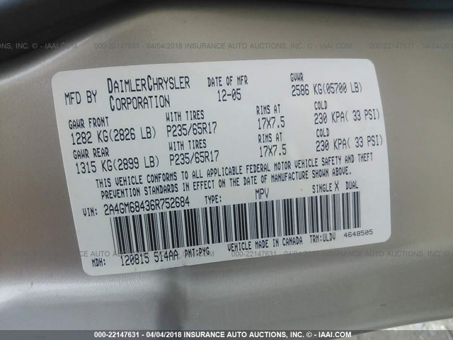 2A4GM68436R752684 - 2006 CHRYSLER PACIFICA TOURING GOLD photo 9