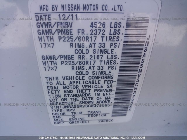 JN8AS5MV3CW379065 - 2012 NISSAN ROGUE S/SV WHITE photo 9