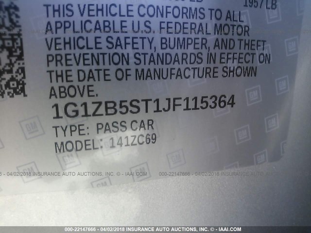 1G1ZB5ST1JF115364 - 2018 CHEVROLET MALIBU LS Gümüş foto 9