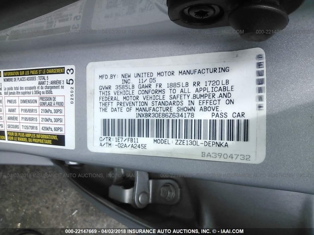 1NXBR30E86Z634178 - 2006 TOYOTA COROLLA CE/LE/S SILVER photo 9