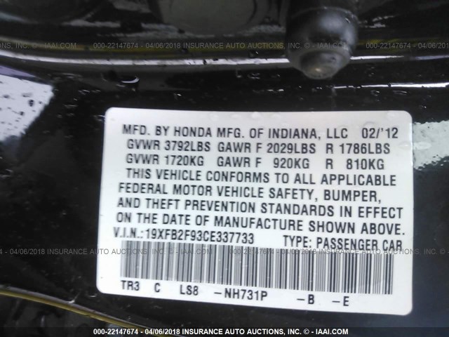 19XFB2F93CE337733 - 2012 HONDA CIVIC EXL BLACK photo 9