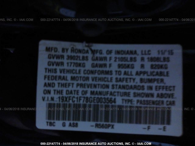 19XFC1F78GE003564 - 2016 HONDA CIVIC EXL BLACK photo 9
