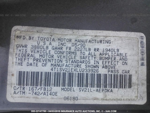 4T1SV21EXLU233926 - 1990 TOYOTA CAMRY DLX 灰色 照片 9