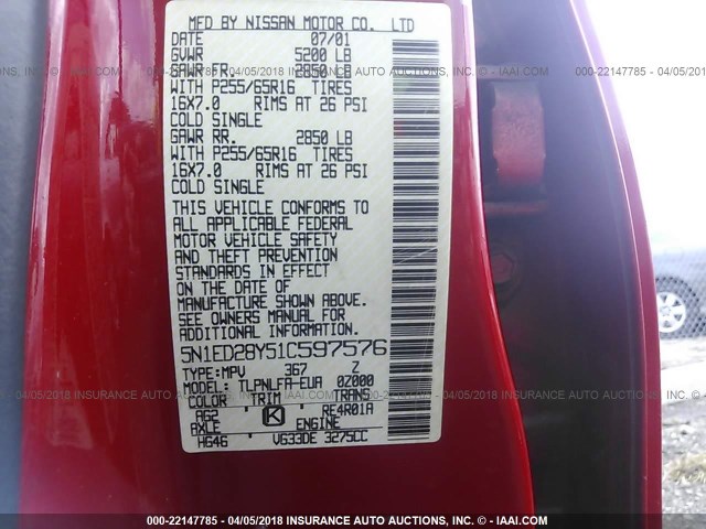 5N1ED28Y51C597576 - 2001 NISSAN XTERRA XE/SE RED photo 9