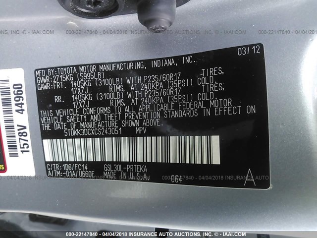 5TDKK3DCXCS243051 - 2012 TOYOTA SIENNA LE SILVER photo 9