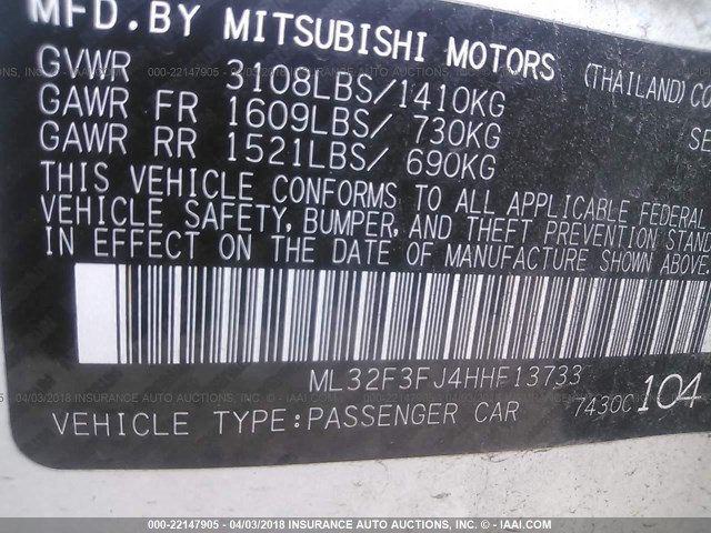 ML32F3FJ4HHF13733 - 2017 MITSUBISHI MIRAGE G4 ES Ağ foto 9