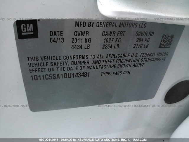 1G11C5SA1DU143481 - 2013 CHEVROLET MALIBU 1LT WHITE photo 9