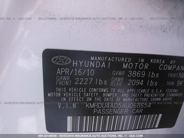 KMHDU4AD5AU068654 - 2010 HYUNDAI ELANTRA BLUE/GLS/SE WHITE photo 9