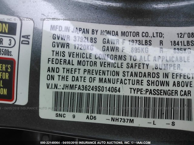 JHMFA36249S014064 - 2009 HONDA CIVIC HYBRID GRAY photo 9